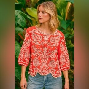 🏷️ Solitaire flower embroidered Blouse scalloped Large bohemian Chic